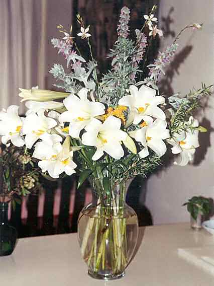 Easter lillies, lamb's ear, gaura, rosemary